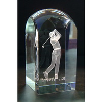 Laser 3d cristallo golf premio trofeo, inciso a laser 3d fermacarte di cristallo con dentro un disegno giocatore di golf, golf fermacarte calotta superiore in cristallo, fermacarte di cristallo arco golf.